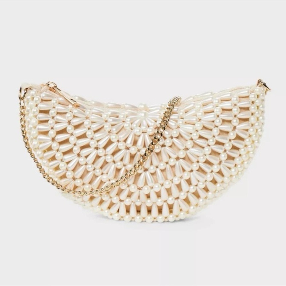 Pearl Beaded Half Moon Clutch Bag - A New Day Off-White